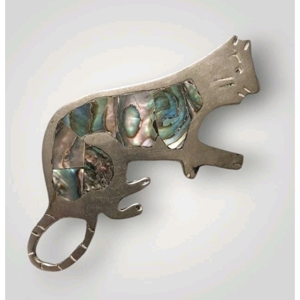 Silver Cat Brooch Abalone MCM Anthropomorphic Mother of Pearl Stamped Pin Vtg